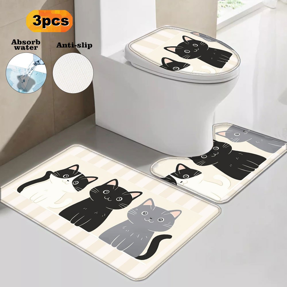 

3 Pcs Non-slip Bathroom Rug Set With Cute Cat Pattern, Knit Polyester Bath Mats With 600gsm, Flat Woven Rectangle Bath Rug, Absorbent & Machine Washable Indoor Mats For Home Decor & Bathroom