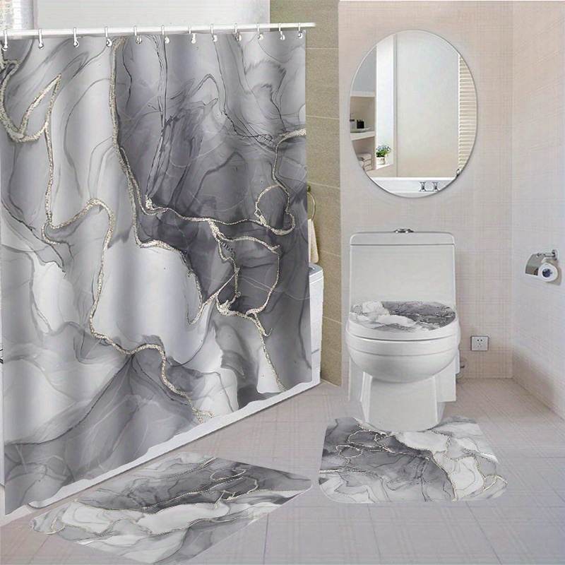 

Waterproof Polyester Shower Curtain Set With Non-slip Bath Mats, Toilet Seat Cover, And 12 Hooks - Water-resistant Fashion Shower Curtain With Woven Weave, Only - Bathroom Accessories Set