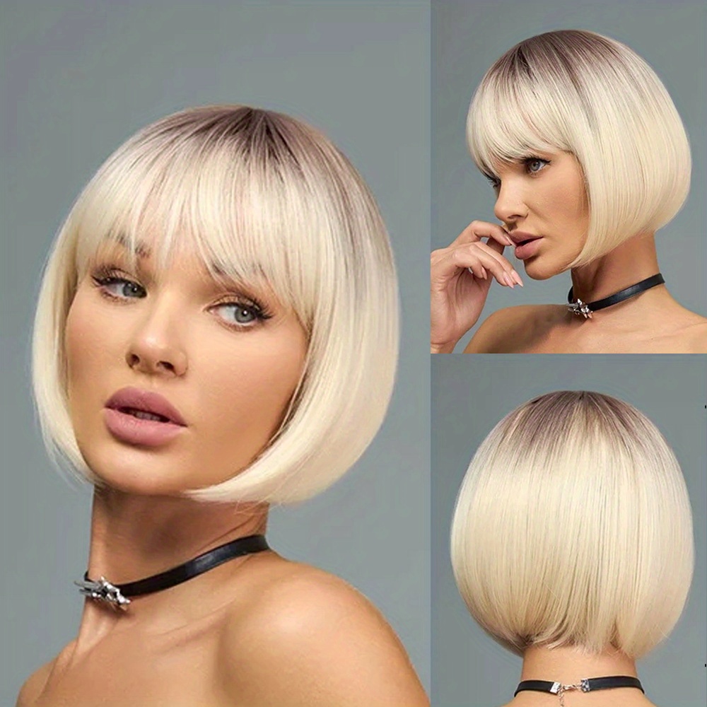 

Women's 11-inch Ombre Blonde Short Straight Synthetic Wig With Bangs, Elegant Rose Net Cap, Heat Resistant Fiber, Suitable For Daily Wear And Cosplay - High Temperature Fiber 100% For Caucasians