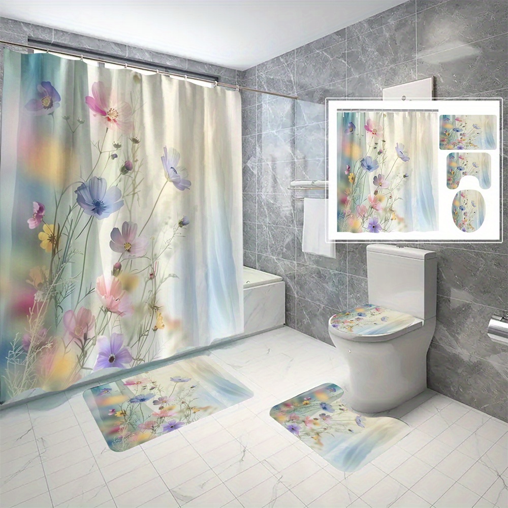 

4pcs Floral Shower Curtain Set With Hooks, Water-resistant Polyester Fabric, All-season Bathroom Decor, Machine Washable, Cartoon Flower Theme With 3d Digital Print, Includes Bath Rug & Accessories