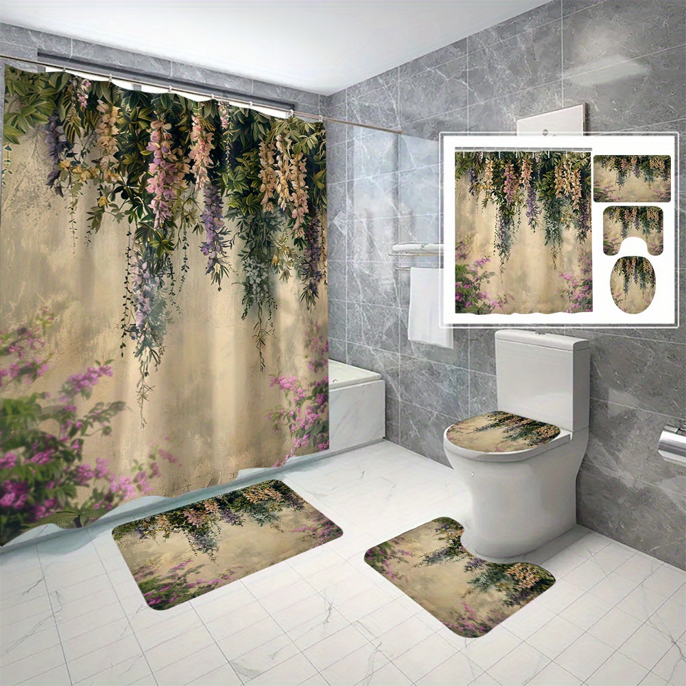 

4pcs/set Floral Vintage Shower Curtain Set, Rustic Digital Print Bathroom Drapes With 12 C-type Hooks, 70.8x70.8 Inches, Bathroom Partition Curtain Set