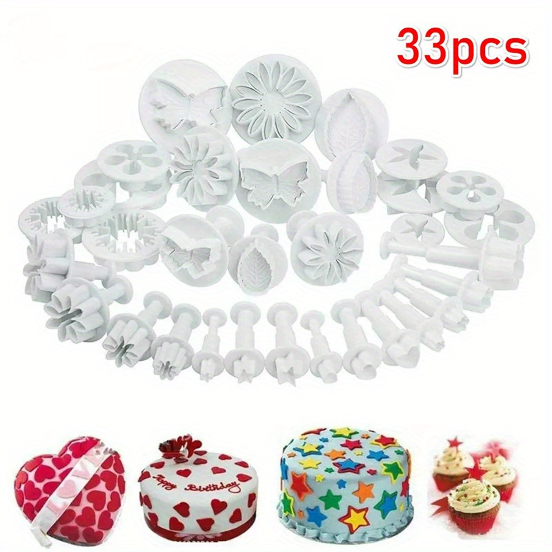 

33pcs Floral Fondant & Cookie Plunger Set - Food Grade Plastic Baking Tools For Diy Cakes, Sugar Crafts & Pastry Decorating