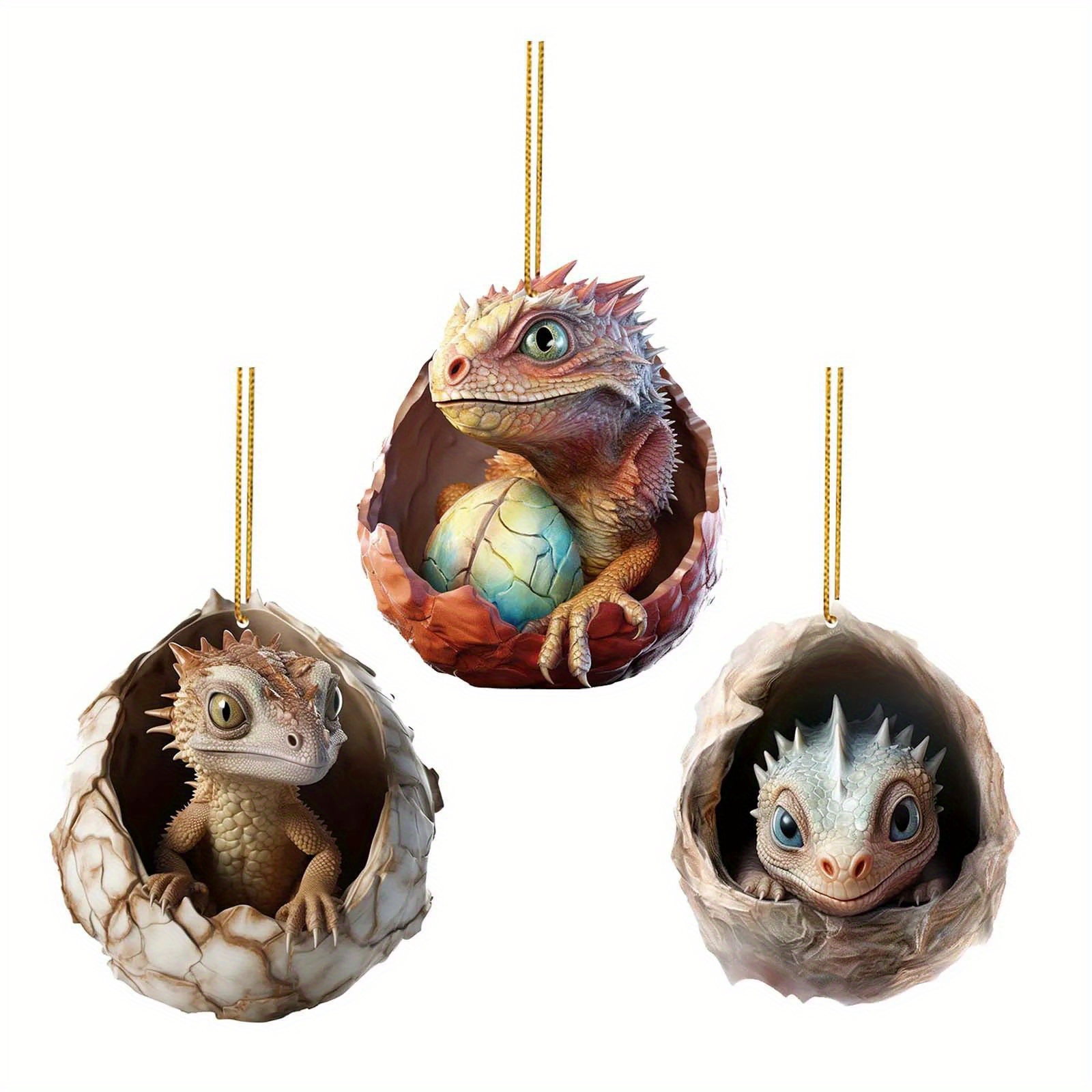 

3pcs Acrylic Dinosaur Hatchling Hanging Ornaments, 2d Christmas Tree Decor, Holiday Decoration Set