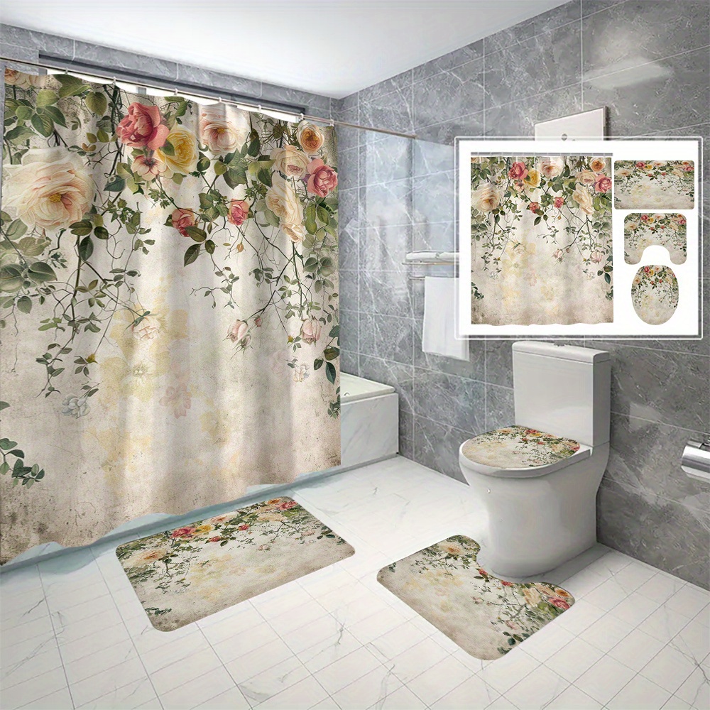 

4pcs Vintage Rose Shower Curtain Set, Digital Print Bathroom Curtains With 12 C-type Hooks, Easy Install, No Drilling Required, Floral Bath Partition, Rustic Home Decor, 70.8x70.8 Inches