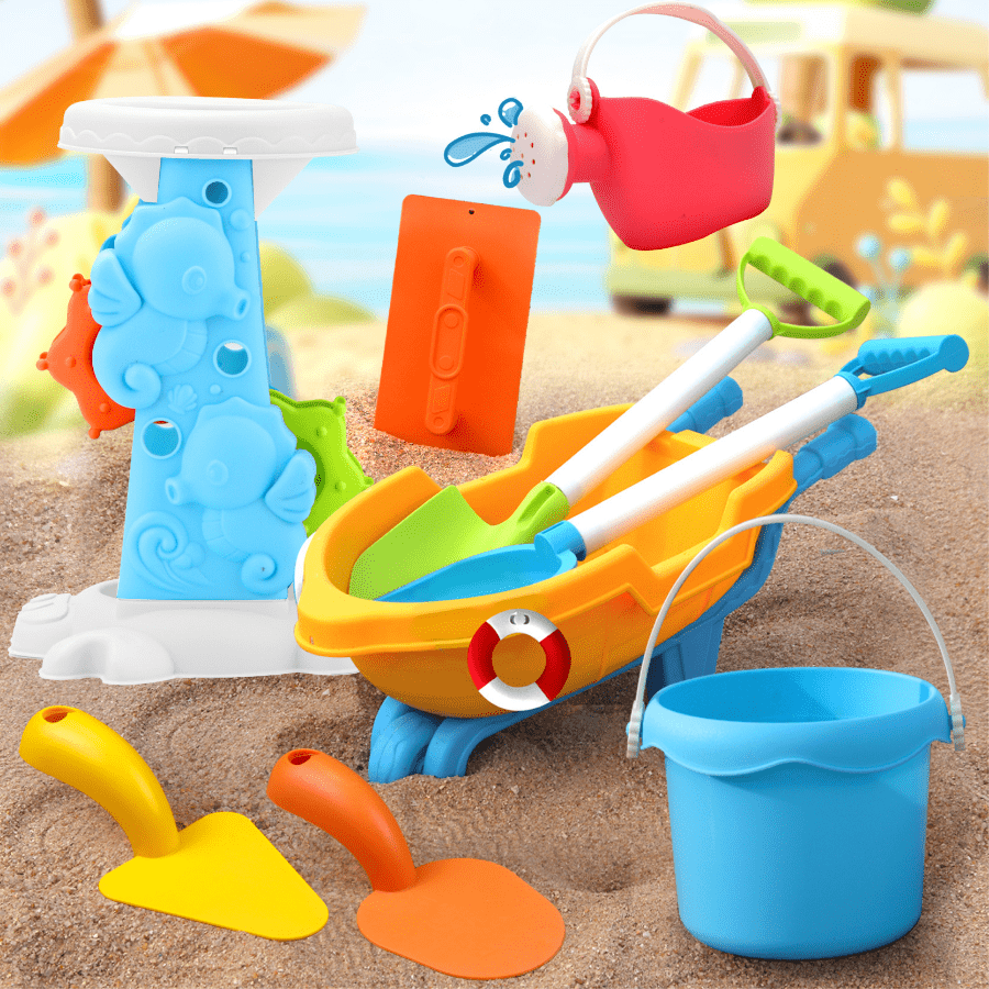 Set di 6 pezzi da spiaggia per bambini con ruota di sabbia, pala, rastrello