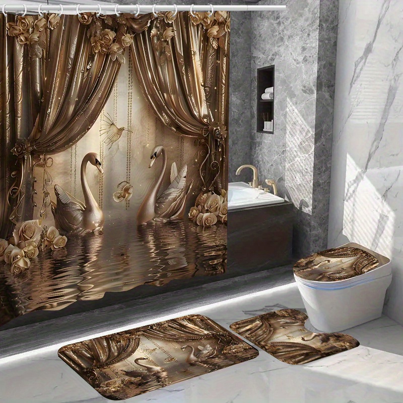 

4pcs Luxury Swan Pattern Shower Curtain Set, Waterproof Shower Curtain With Non-slip Bath Mat, U-shaped Rug, Toilet Lid Cover, And 12 Hooks, Bathroom Accessory Kit For Home Decor