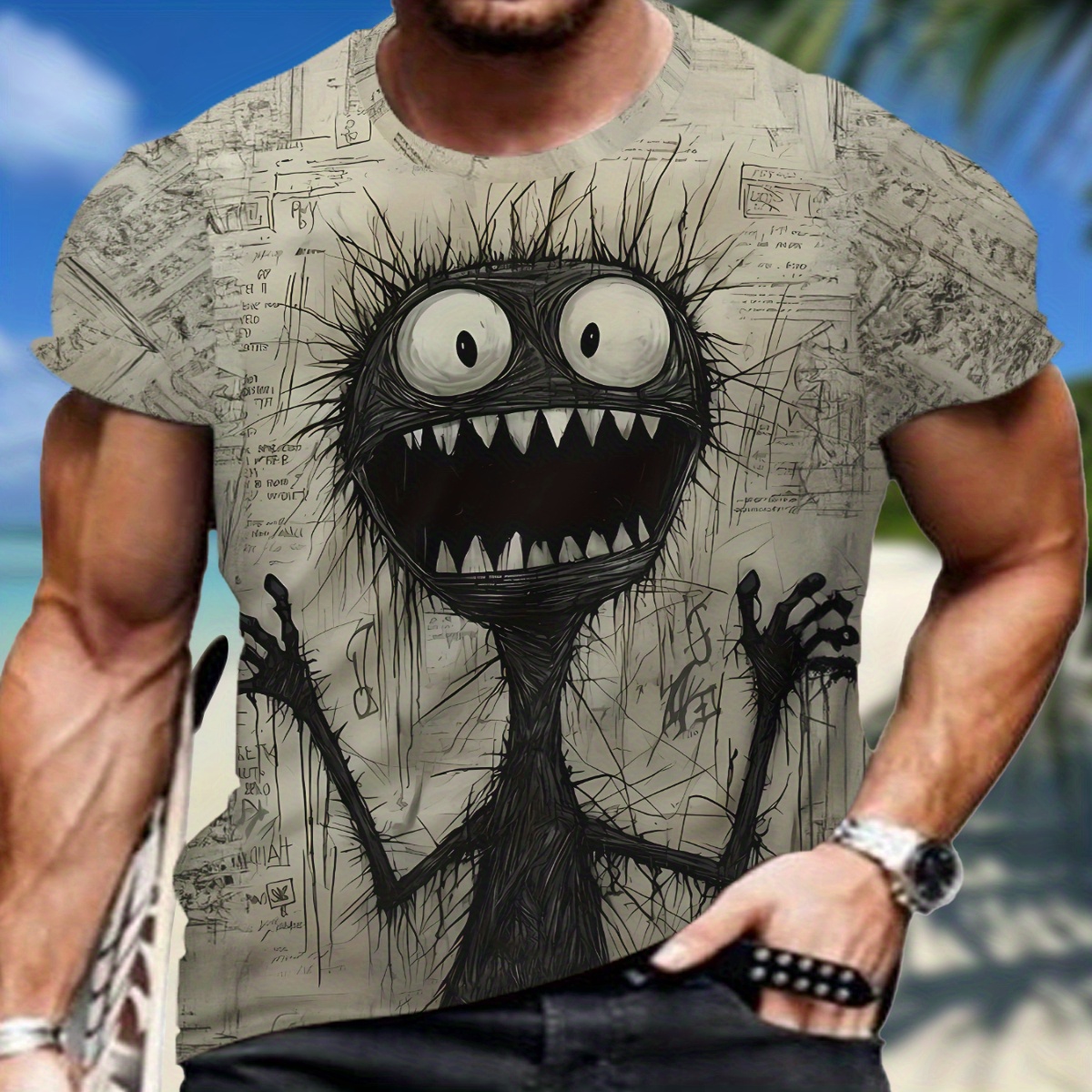 

Men's Monster Graphic Print T-shirt, Casual Short Sleeve Crew Neck Tee, Men's Clothing For Summer Outdoor