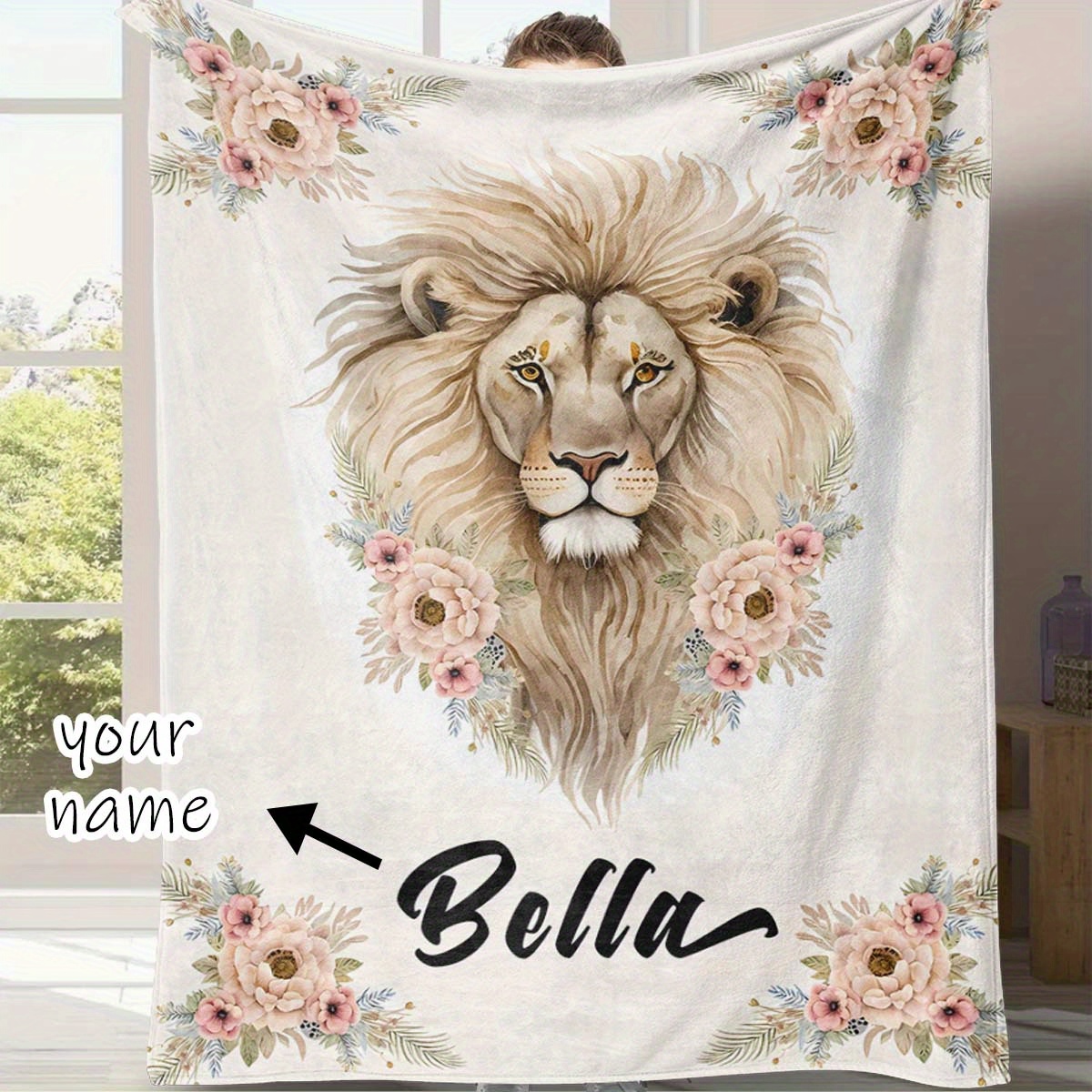 

Customized Name Blanket, Lion And Flower Blanket For Birthday Gift Holiday Gift, Soft 4 Seasons Flannel Outdoor Blanket