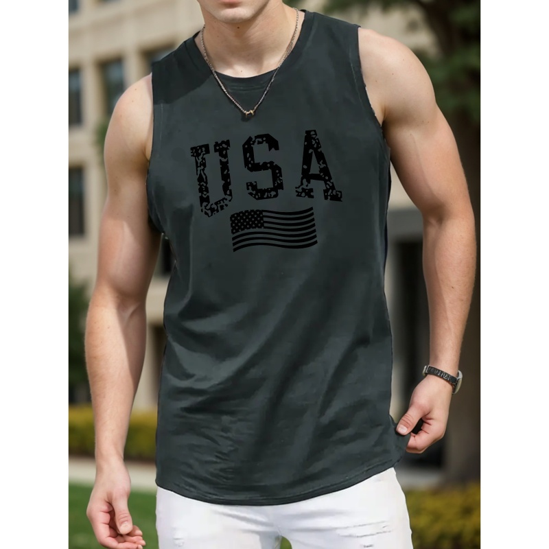 

Usa Letter Flag Graphic Print Men's Crew Neck Sleeveless Tank Top, Summer Trendy Daily Tank Top, Casual Comfortable Versatile Top For Outdoor Sports & Vacation Hiking