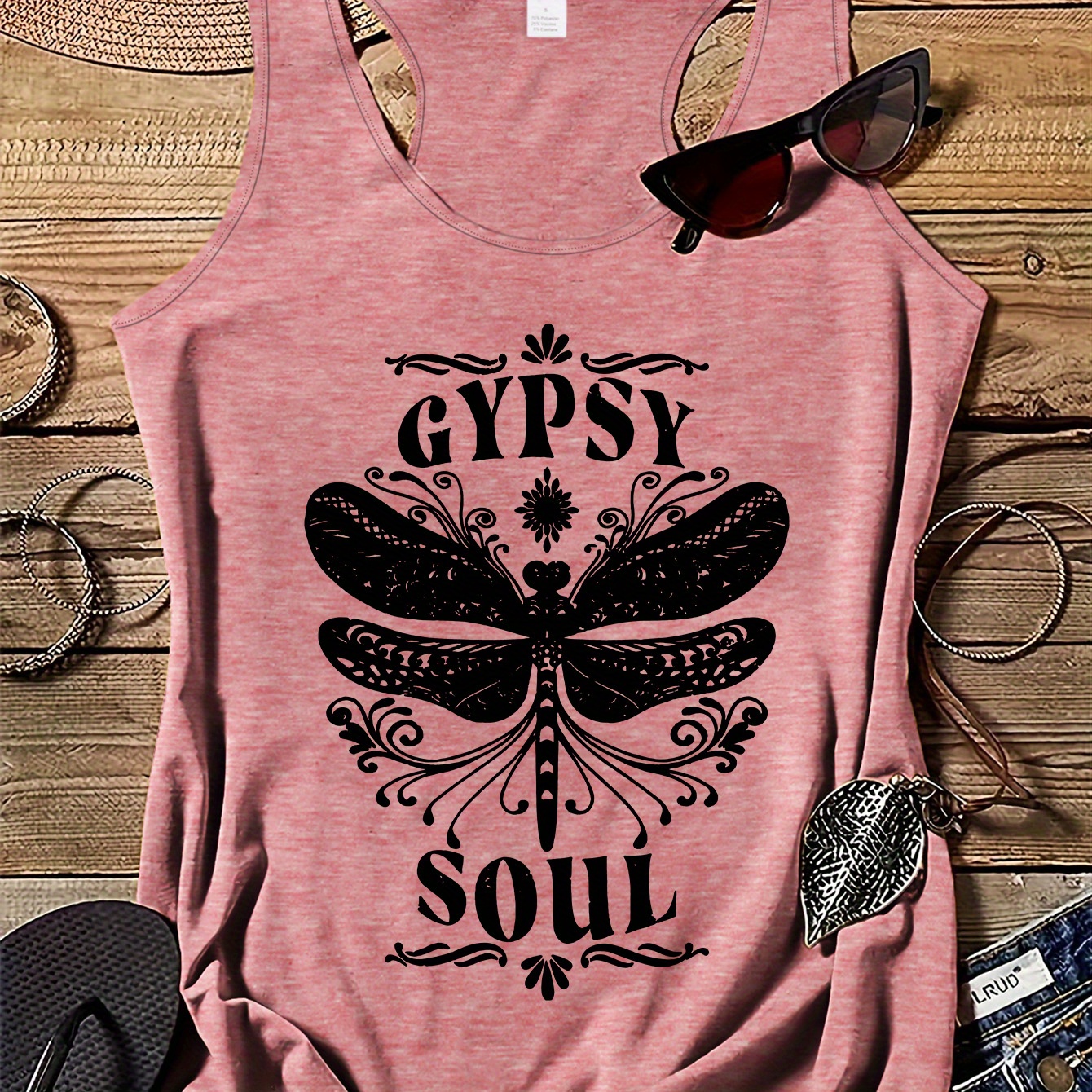 

Dragonfly Print Tank Top, Casual Crew Neck Tank Top For Summer, Women's Clothing