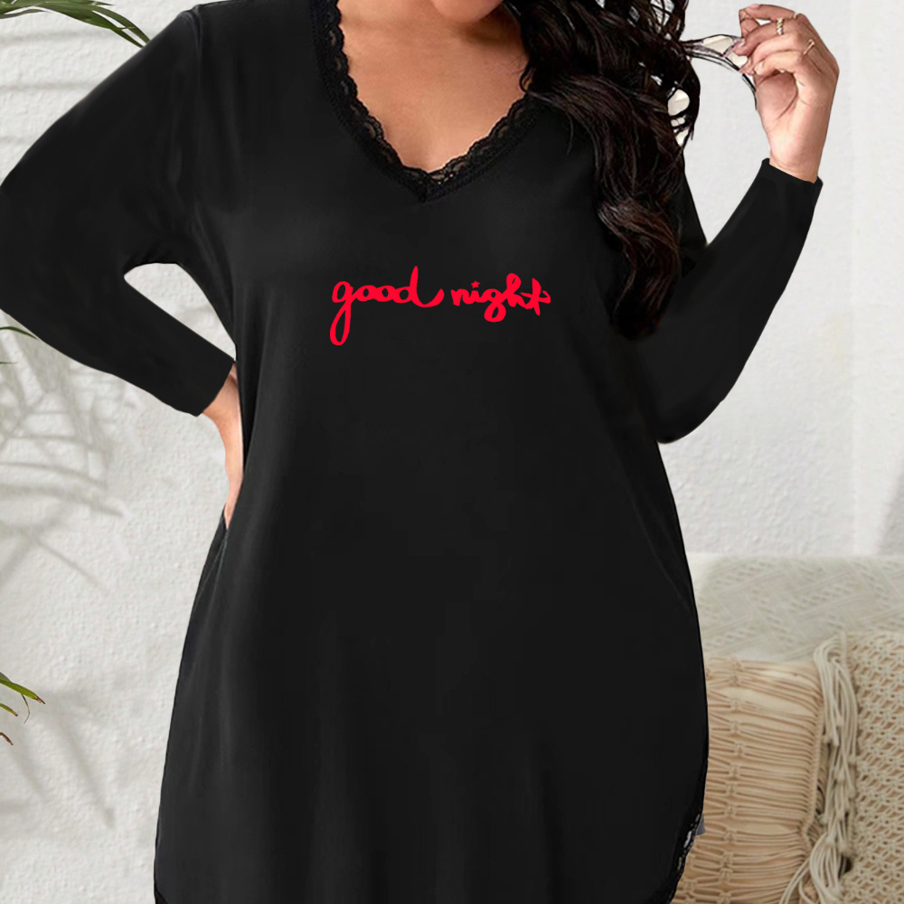 

Women's Plus Size Sexy Lace Trim Letter Print Long Sleeve V Neck Nightdress – Comfortable For Autumn & Winter