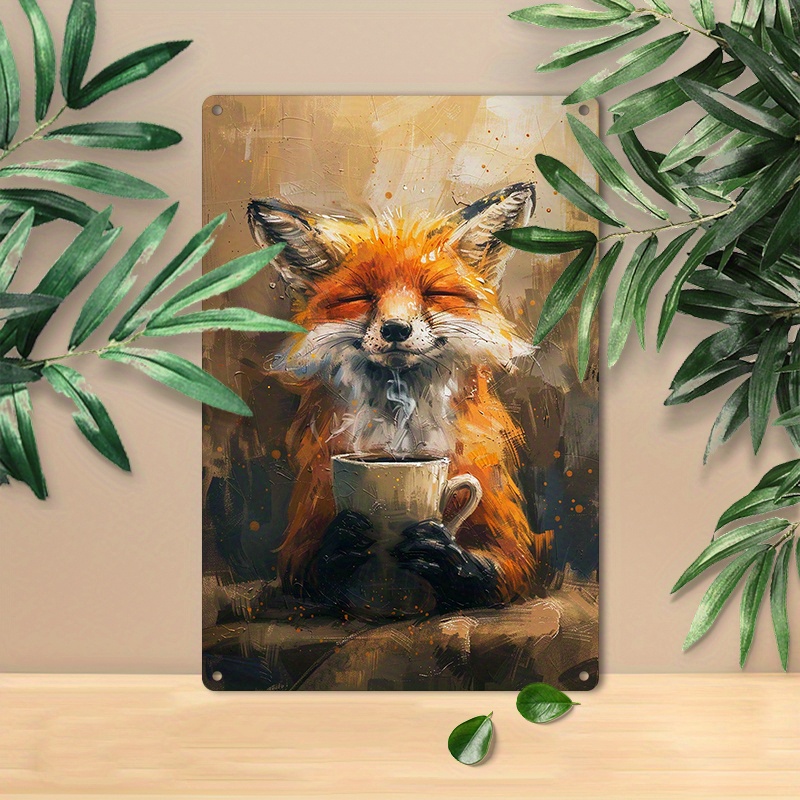 Image of Fox & Coffee 8x12" Aluminum Sign - Vintage Wall Decor For Home, Office, , Room Decor
