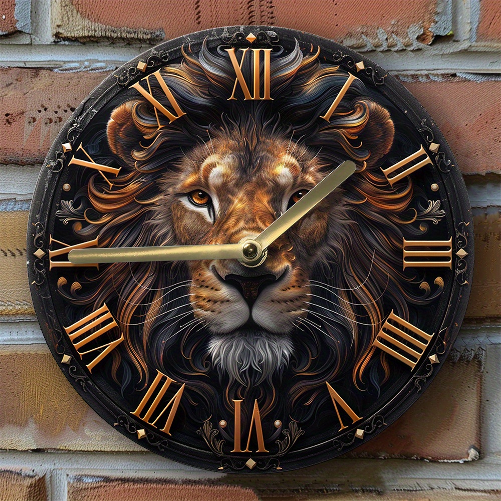 

Horloge murale silencieuse à plate 2D sur le thème du lion : horloge en aluminium de 8x8 pouces à monter soi- - Parfaite pour la décoration de bureau d'été, les des animaux et la décoration d'été