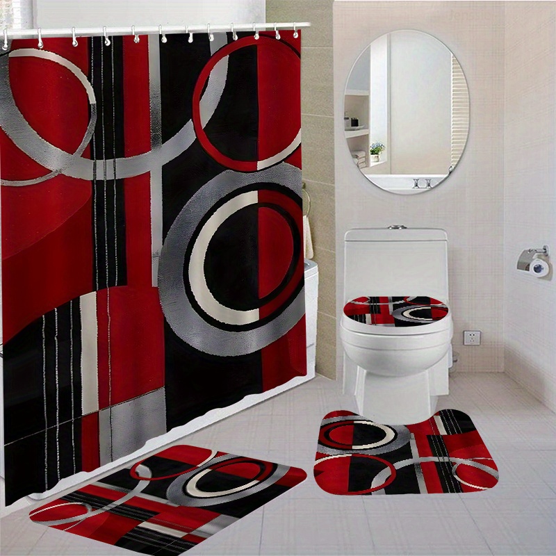 

4pcs Geometric Pattern Shower Curtain Set, Waterproof Shower Curtain With Non-slip Bath Mat, U-shaped Rug, Toilet Lid Cover, And 12 Hooks, Bathroom Accessory Kit For Home Decor