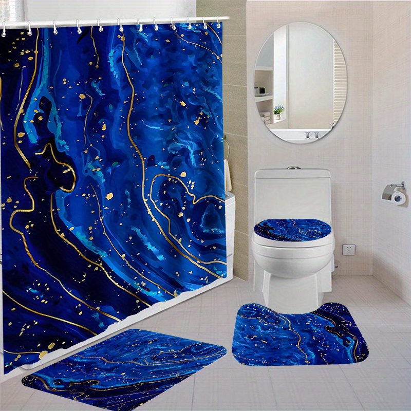 

Complete Waterproof Bathroom Set: Shower Curtain With 12 Hooks, Non-slip Rug, Toilet Lid Cover & Mat - Stylish Polyester Fabric,