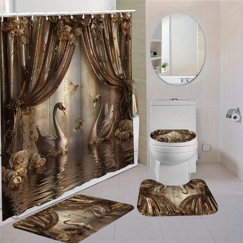 

1/4pcs Elegant Swan Lake Pattern Shower Curtain Set, Waterproof Shower Curtain With Non-slip Bath Mat, U-shaped Rug, Toilet Lid Cover, And 12 Hooks, Bathroom Accessory Kit For Home Decor