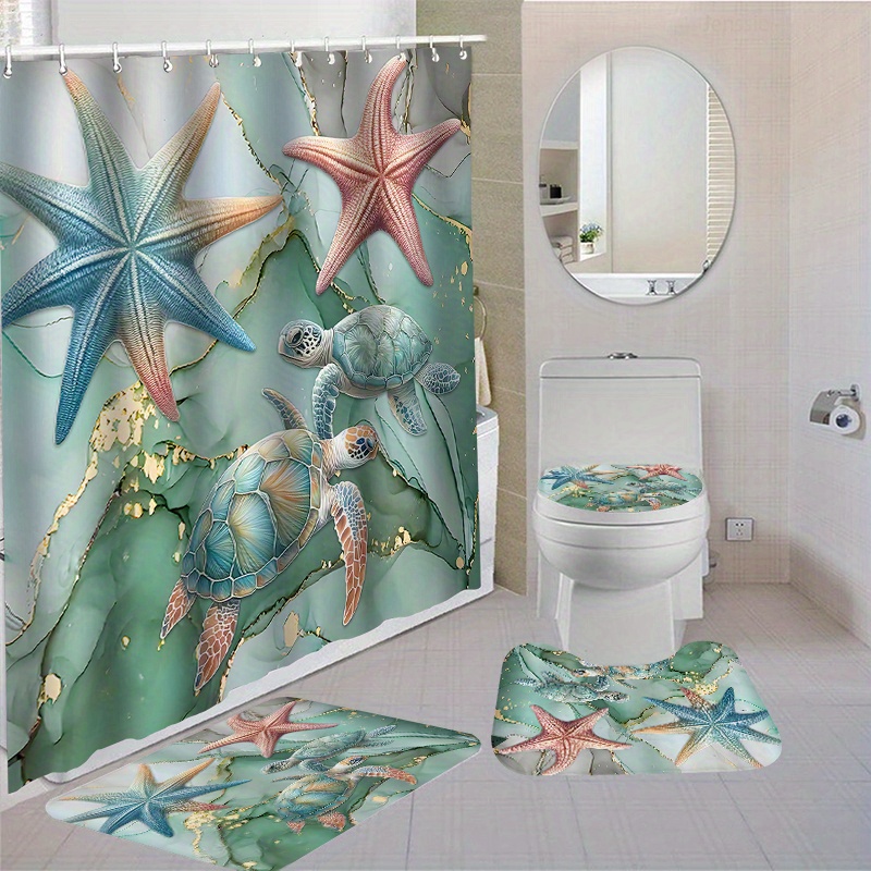 

4pcs Marble Turtle Starfish Pattern Shower Curtain Set With Hooks, Waterproof Shower Curtain, Toilet Cover Mat, Non-slip Bathroom Rug, U-shaped Bath Mat, Bathroom Accessories, Home Decor