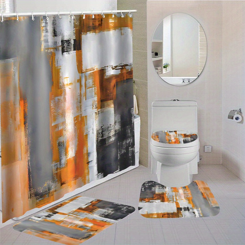 

4pcs Abstract Art Bathroom Set, Waterproof Shower Curtain With Non-slip Bath Mat, U-shaped Rug, Toilet Lid Cover, And 12 Hooks, Bathroom Decor Shower Curtain Set