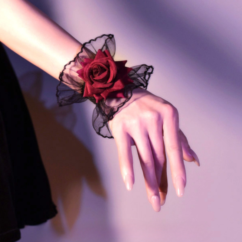 

Vintage Style Rose Wrist Cuff With Lace Detail - Polyester Spandex Fabric, Floral Accessory For Costume, Decoration, Gothic Punk Inspired Armwear