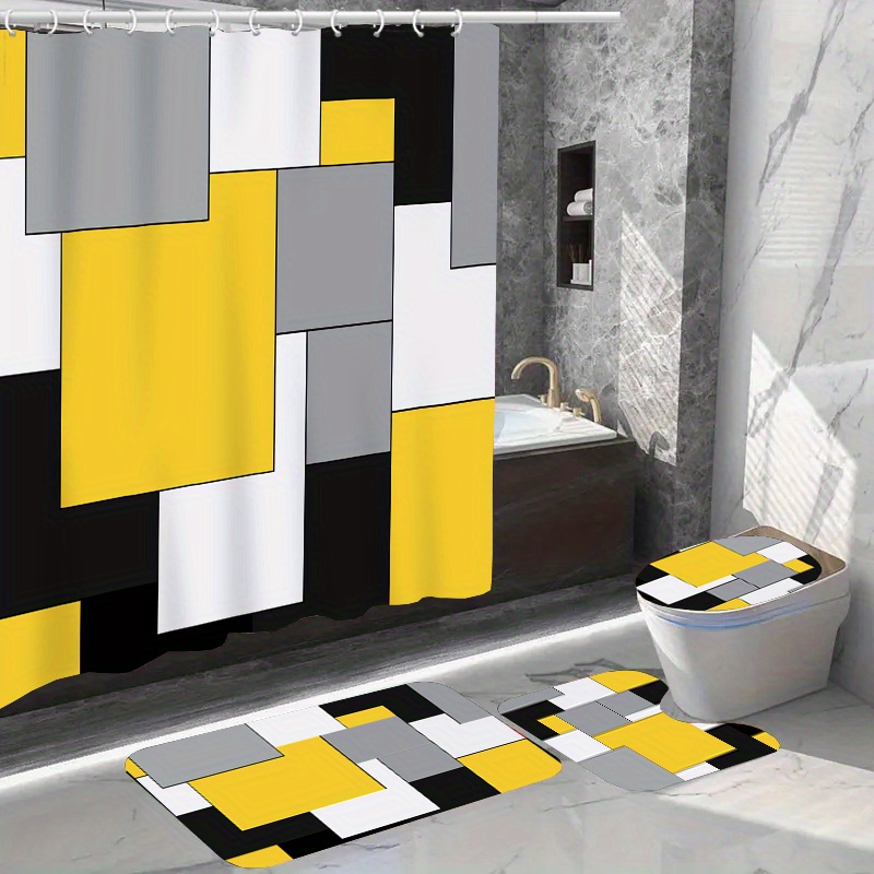 

Chic Waterproof Shower Curtain Set With 12 Hooks, Non-slip Bath Mat, U-shaped Toilet Rug & Lid Cover - Polyester Fabric,