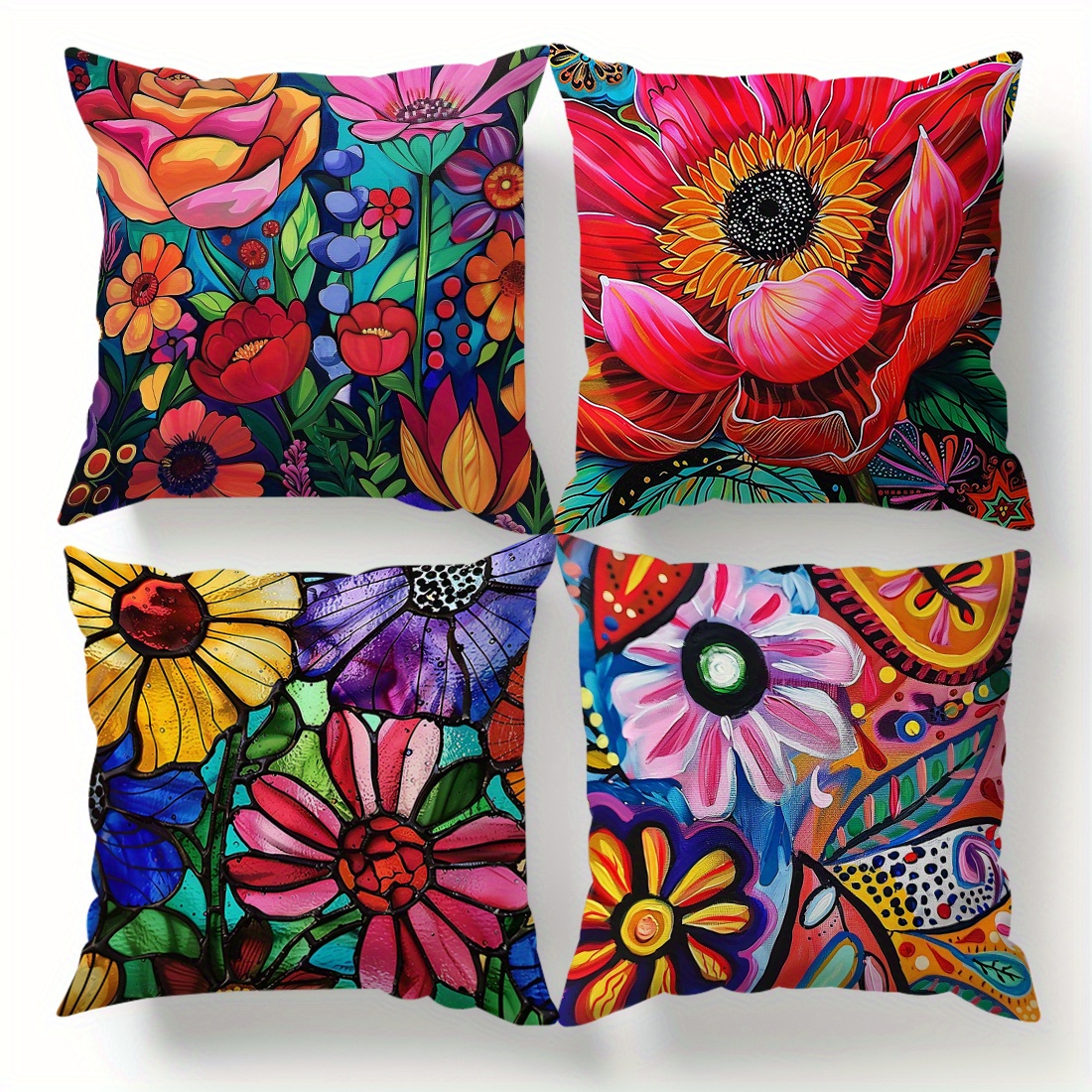 

4pcs Set Of Mexican Floral Print Throw Pillow Covers, 18x18 Inches - Soft Velvet, Zip Closure, Machine Washable - Living Room & Bedroom Decor