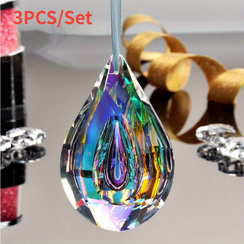 

3pcs Set Of Luxurious Teardrop Crystal Prism Suncatchers, 50mm Ab-color - Sparkling For Window Decor, & Wedding , Crystal Suncatcher Hanging