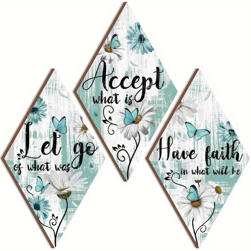 

3-piece Set Teal Butterfly & Floral Diamond Wooden Wall Art - Vintage Style With Double-sided Tape For Easy Hanging, Perfect For Home & Yard Decor