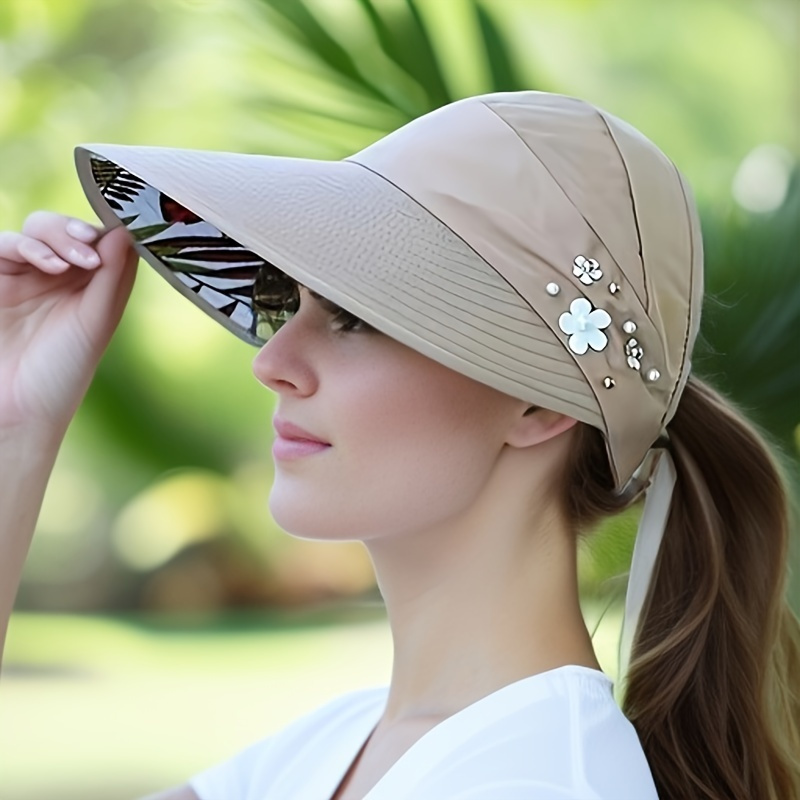 

Trendy Women's Sun Hat With Beaded Flower Decor - Foldable, Solid Color Summer Visor For Outdoor Activities & Parties, Machine Washable