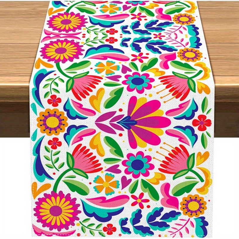 

Jit Mexican Floral Table Runner: 72" X 13" Linen Tablecloth For Holiday Gatherings - Kitchen Table Decorations