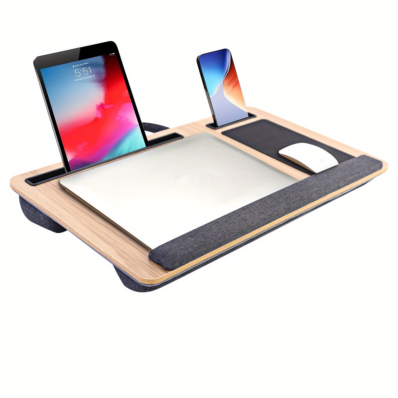 

1pc Wooden Lap Desk With Wrist Rest, Mouse Pad & Phone Holder - Rectangular Home Office Pro Workstation, Desk Pad