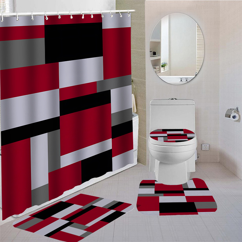 

4pcs Plaid Pattern Shower Curtain Set With Hooks, Waterproof Shower Curtain, Toilet Cover Mat, Non-slip Bathroom Rug, U-shaped Bath Mat, Bathroom Accessories, Home Decor