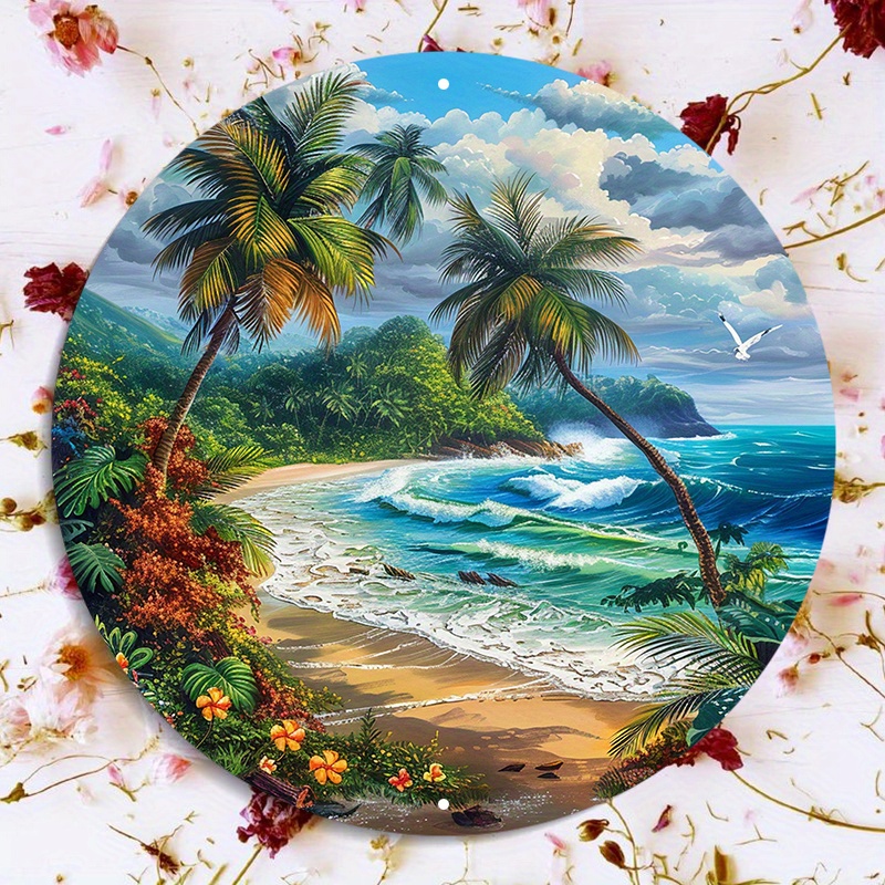 

1pc 8x8 Inch Tropical Beach Scene Aluminum Metal Sign - Waterproof Round Wall Decor With Palm Trees And Colorful Flowers - Pre-drilled Hd Printed Outdoor Wreath Decoration
