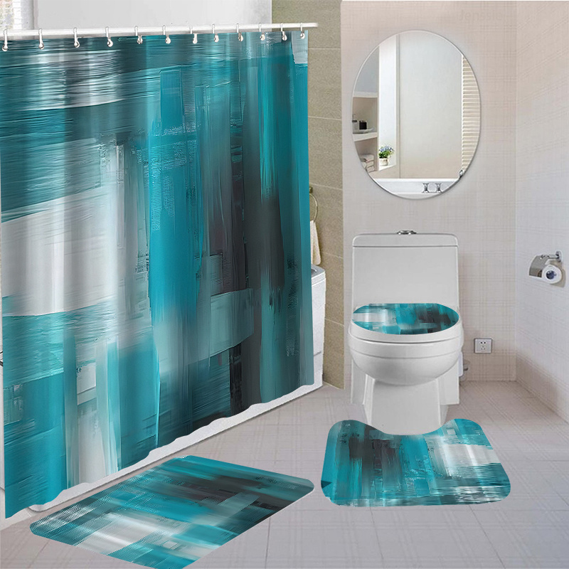 

1/4pcs Abstract Teal Shower Curtain Set With Non-slip Bath Mats, Toilet Cover, And 12 Hooks, Water-repellent Bathroom Decor Set, Easy Clean Soft Polyester Fabric, Bathroom Accessory Kit