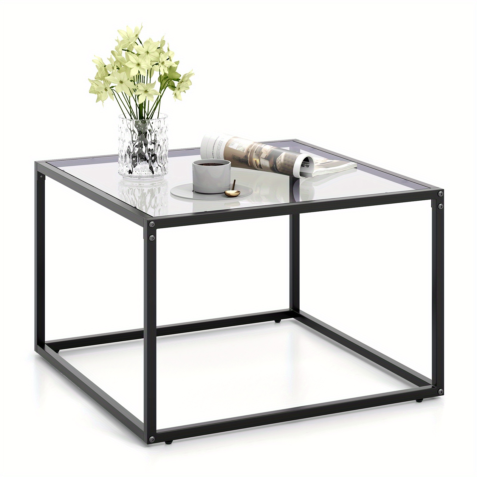 

Costway Glass Coffee Table 27.5 Inch Modern Square Metal Frame Living Room Grey