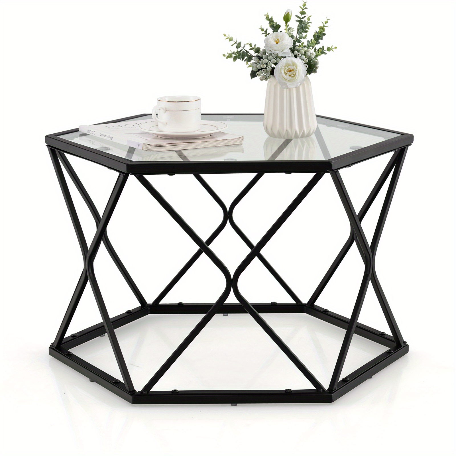 

Costway Coffee Table Geometric Glass Modern W/tempered Glass Top & Metal Legs