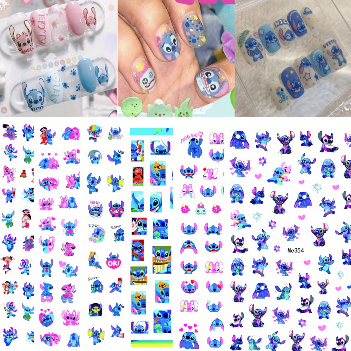 

Disney Stitch Nail Art Stickers - Cute Cartoon Decals For Girls, Matte Finish, Self-adhesive & Sparkle Accents, Perfect Gift