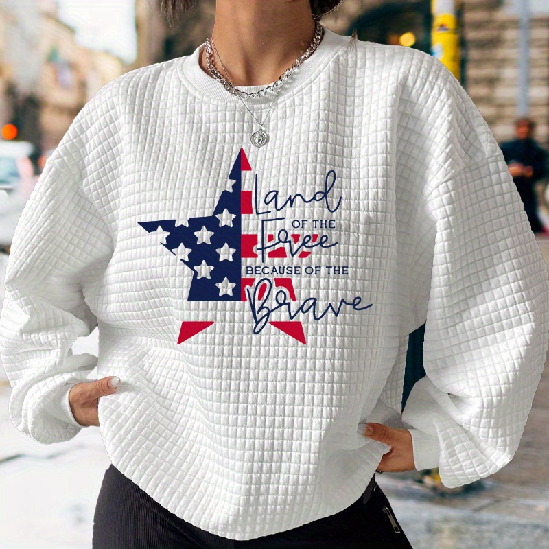 

Independence Day Letter Print Waffle Sweatshirt, Casual Long Sleeve Crew Neck Sweatshirt For Winter & Fall, Women's Clothing