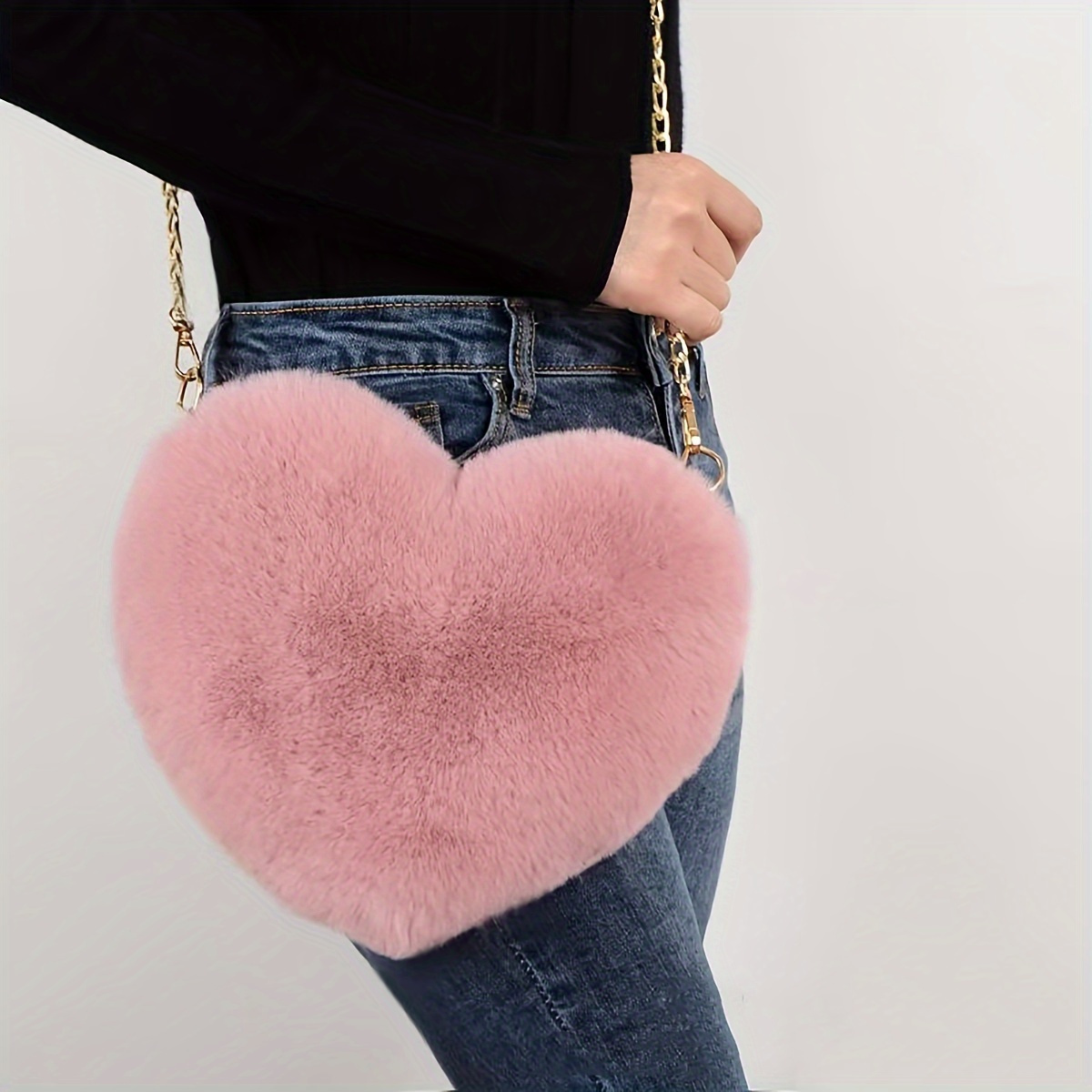 

Heart Shaped Faux Wool Fluffy Shoulder Bag, Hypoallergenic Fashion Chain Crossbody Purse, Cute Zipper Handbag For Valentine's Day Non-waterproof