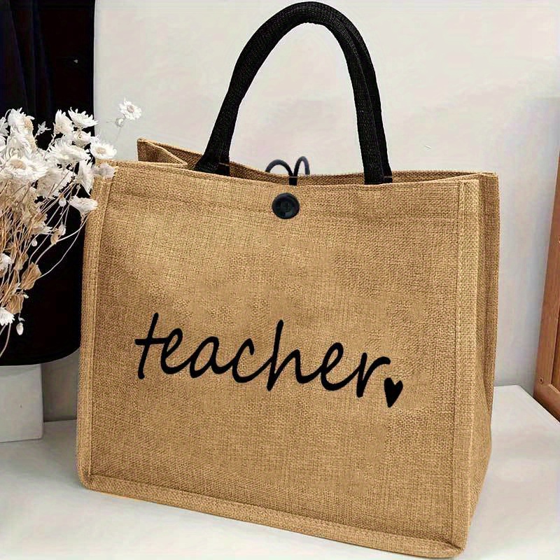 

Large Burlap Tote Bag With Teacher, Baba & Mama Print, Lightweight Shoulder Bag For Work, School, Shopping