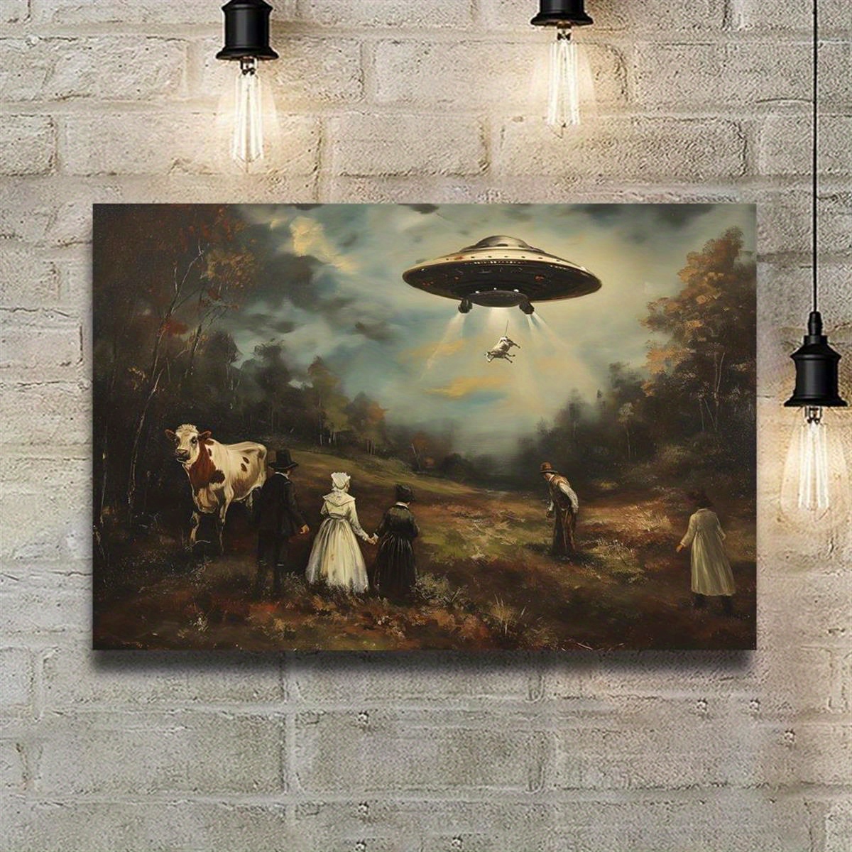 

Ufo & Victorian Landscape Canvas Art Print - Quirky Alien Theme, Unframed Wall Decor For Living Room, Bedroom, Home Office Alien Decor