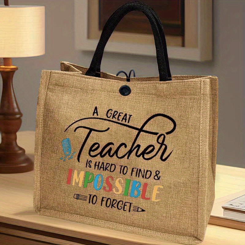 

Teacher's Day Themed Pattern Design Burlap Tote Bag, Classic Design, Shopping Bag, Commuting Bag For Teachers Gift