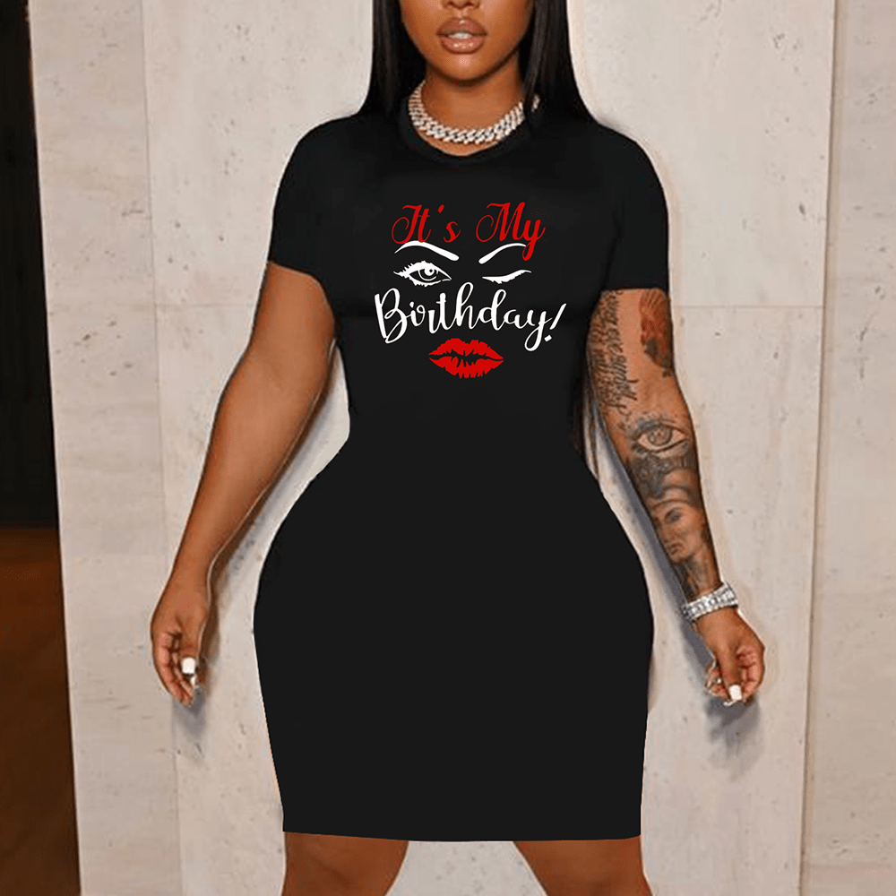 

Plus Size Birthday Print Tee Dress, Casual Short Sleeve Crew Neck Dress For Spring & Summer, Women's Plus Size Clothing