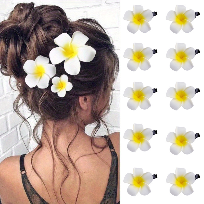 

Set Of 10 Pvc Vintage Bohemian Flower Hair Clips, Elegant Hawaiian Plumeria Barrettes For Beach Party Wedding, Floral Hair Accessories For Girls And Women 14+ Years - Solid Color
