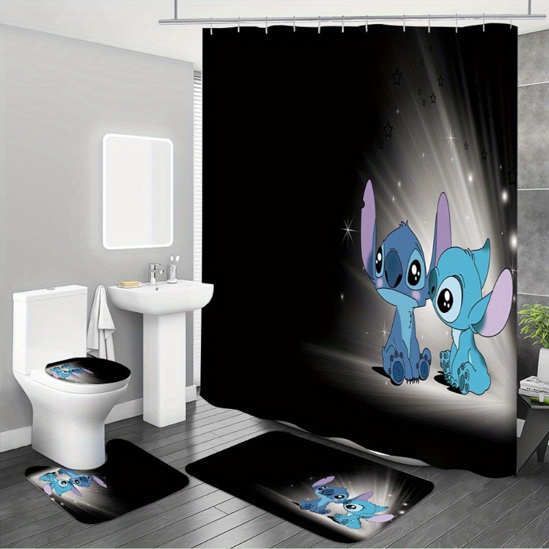 

1/4pcs Stitch Pattern Shower Curtain Set, Shower Curtain With 12 Hooks, Non-slip Bath Mat, U-shaped Toilet Mat, Toilet Mat, Bathroom Decor Accessories