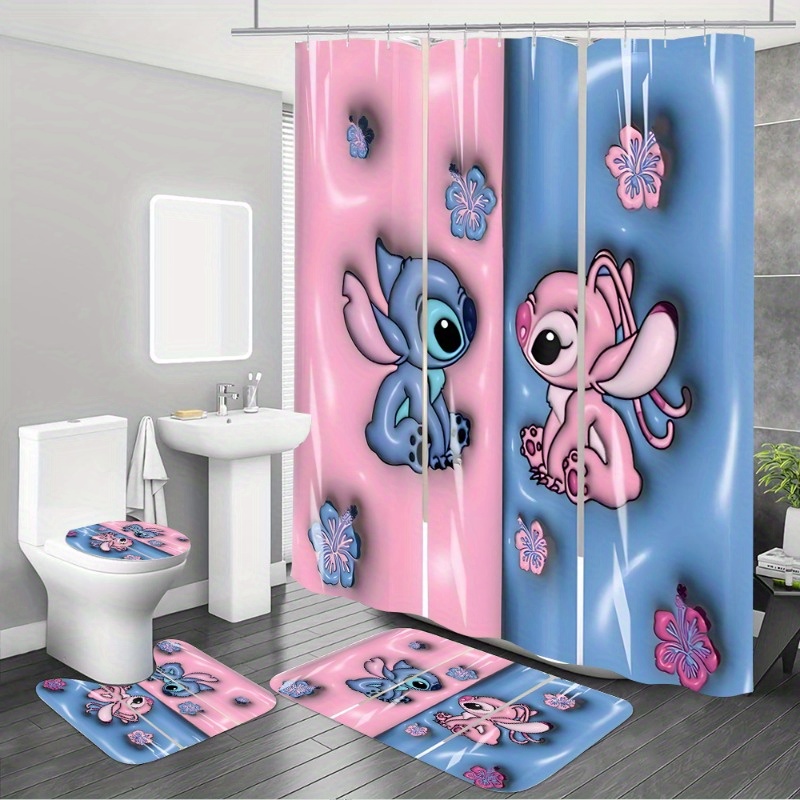 

Disney Stitch & 4-piece Bathroom Set: Waterproof Shower Curtain With 12 Hooks, Non-slip Rug, Toilet Lid Cover & U-shaped Mat - Complete Modern Decor Kit