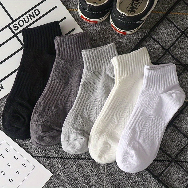 

5 Pairs Of Men's Solid Cotton Mesh Low Cut Ankle Socks, Anti Odor & Sweat Absorption Breathable Socks, For All Seasons Wearing