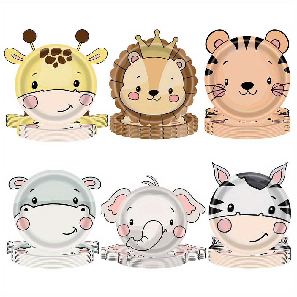 

10-piece Cute Animal Party Plates Set - Tiger, Lion, Hippo, Deer, Elephant & For Birthday & Gender Reveal Celebrations