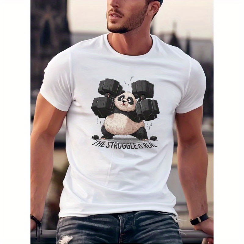 

Men's T-shirt, Fitness Panda Graphic Print Short Sleeve Crew Neck Tees For Summer, Casual Outdoor Comfy Clothing For Male