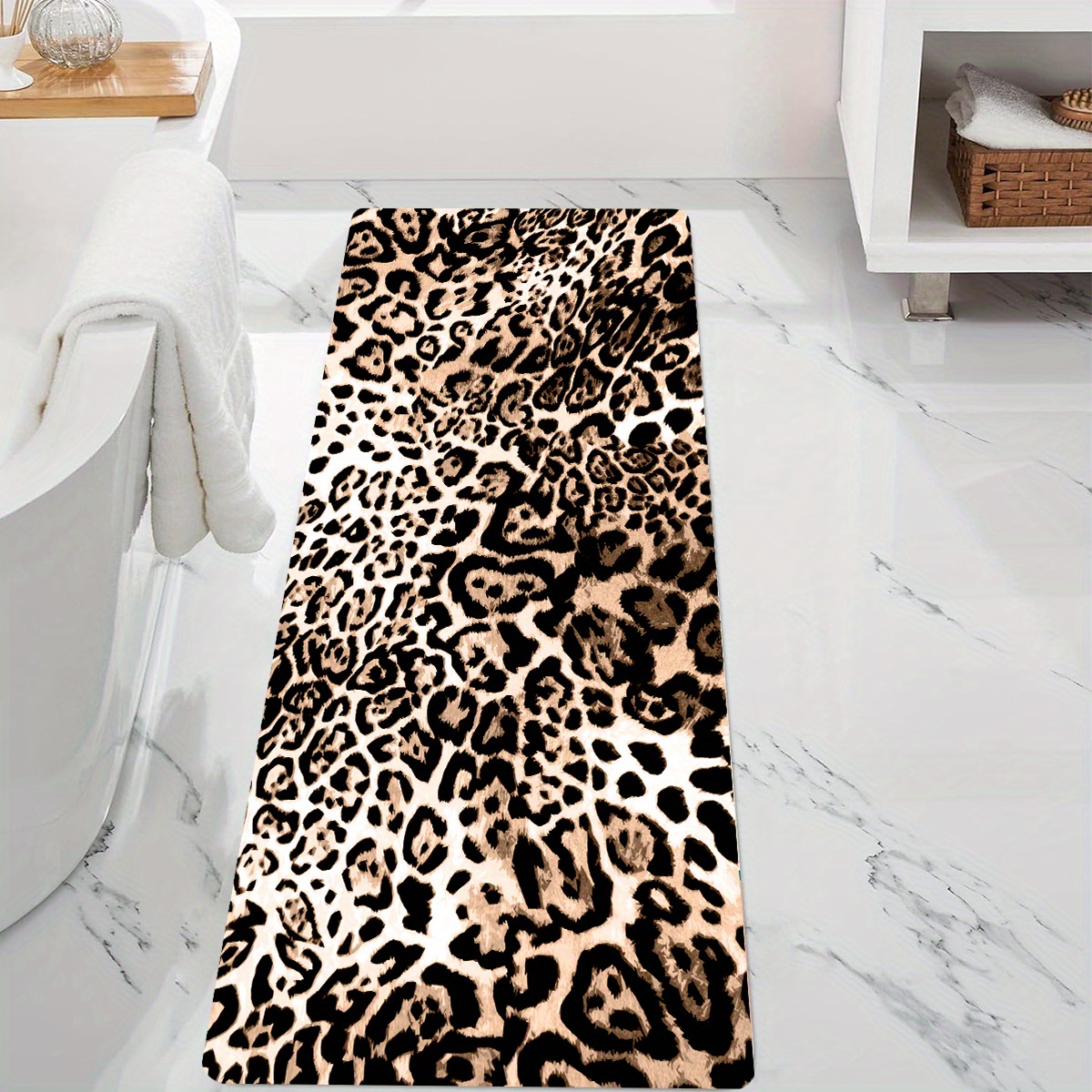 TEMU 1pc Leopard Print Bathroom Mat, Absorbent Floor Mat For Bathroom, Non-slip Bathroom Mat Carpet, Shower Basin Foot Mat, Bathroom Door Mat, Home