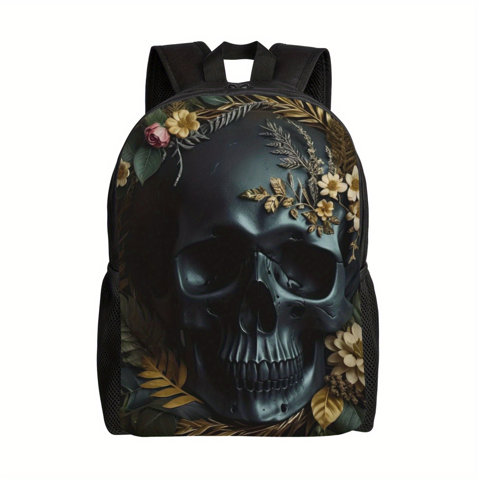 TEMU Black Trendy Skull Print Lightweight Adjustable Black Backpack For Men Women, Books Bag For High School & College, Casual Travel Bag